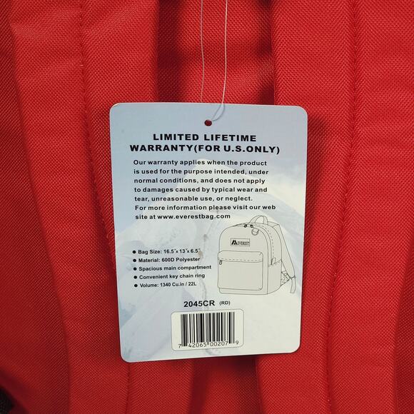Everest Classic School Backpack 16.5" Solid‎ RED Color 2045CR/RD 1340 cu. in NWT - Picture 12 of 13